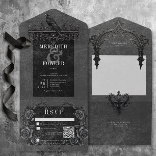 Gothic Black Raven & Zwarte Rozen QR Code All In One Uitnodiging