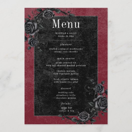 Gothic Black Raven & Zwarte Rozen Wijnbruiloft Menu (Voorkant)