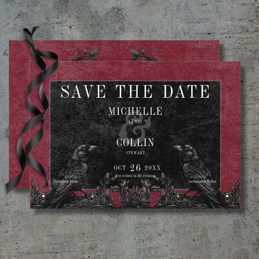 Gothic Black Raven & Zwarte Rozen Wijnbruiloft Save The Date