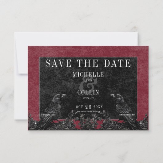 Gothic Black Raven & Zwarte Rozen Wijnbruiloft Save The Date (Voorkant)