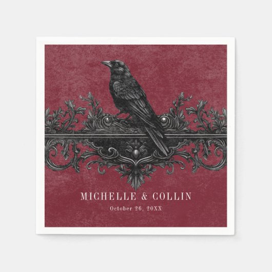 Gothic Black Raven & Zwarte Rozen Wijnbruiloft Servet (Voorkant)