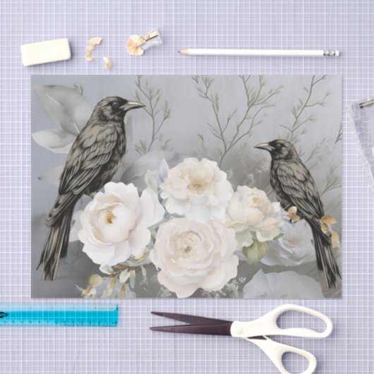 Gothic Black Ravens & White Flowers  Tissuepapier (Craft)