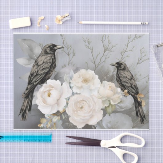 Gothic Black Ravens & White Flowers Tissuepapier (Craft)