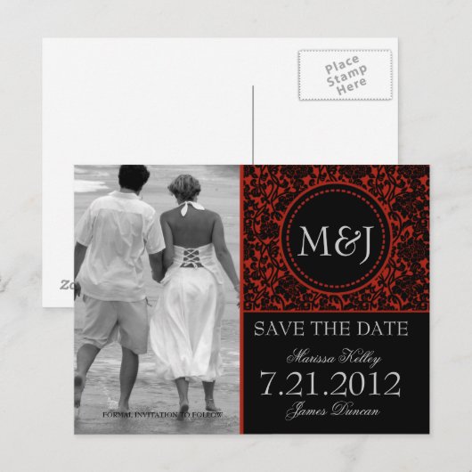 Gothic Black & Red Flourish Bewaar de datum Aankondigingskaart (Voorkant / Achterkant)