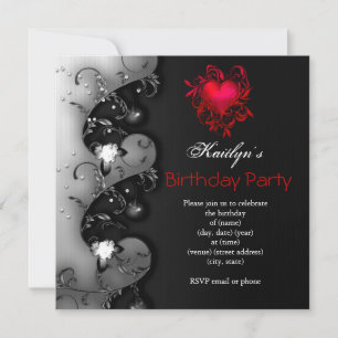 Gothic Black Red Heart Birthday Party Kaart