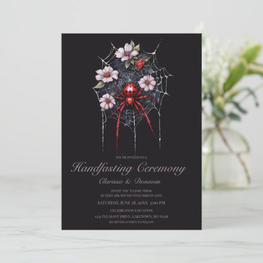 Gothic Black & Red Spider Bloemen Web Handfasting Kaart (Staand voorkant)