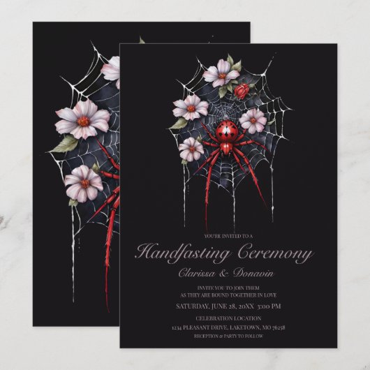 Gothic Black & Red Spider Bloemen Web Handfasting Kaart (Voorkant / Achterkant)