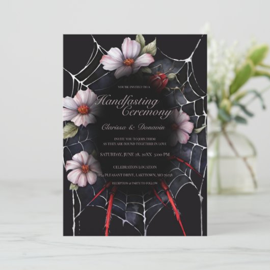 Gothic Black & Red Spider Bloemen Web Handfasting Kaart (Staand voorkant)