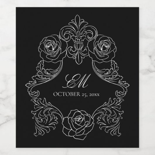 Gothic Black Romantic Crest Monogram Wijn Etiket (Enkel label)