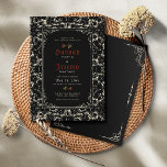 Gothic Black Roos Blood Red Invitation Kaart<br><div class="desc">Deze 5-inch x 7-inch huwelijksuitnodigingen hebben een gotische stijl met zwart en bont papier en rode rozen met de introductie: "Samen met hun families, sluit u zich aan bij", samen met placeholders voor de voornamen van het bruiloft, datum, tijd, plaats, locatie, adres met de boodschap onderaan: "Ontvang om te volgen"....</div>