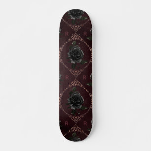 Gothic Black Roos Floral Monogram Initiaal Elegant Persoonlijk Skateboard