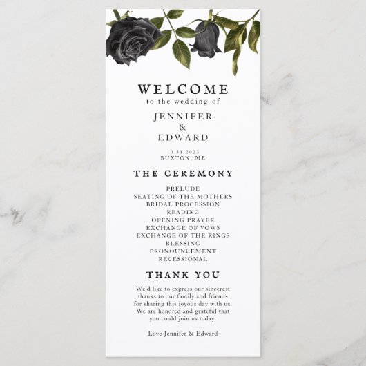 Gothic Black Roos Halloween Wedding Ceremony Programmakaart (Voorkant)