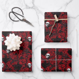 Gothic Black Roses Black Hearts and Skulls Inpakpapier Vel