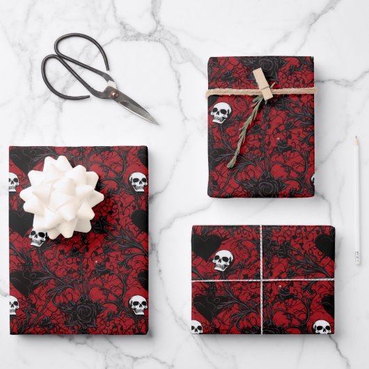 Gothic Black Roses Black Hearts and Skulls Inpakpapier Vel (Voorkant)
