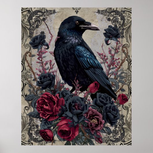 Gothic Black Roses Raven Art Poster (Voorkant)