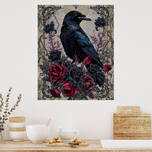 Gothic Black Roses Raven Art Poster (Keuken)