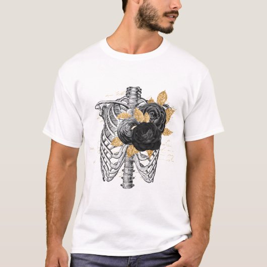 Gothic Black Rozen Gold bladeren skelettorso T-shirt (Voorkant)