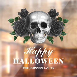 Gothic Black Rozen & Skull Happy Halloween Raamsticker