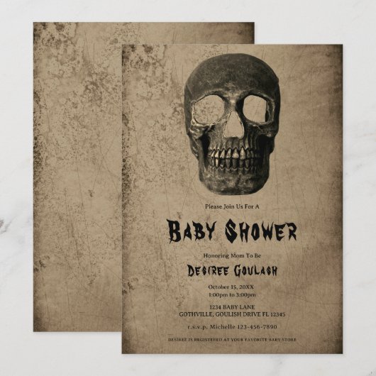 Gothic Black Skull Antique Baby Shower Invitation Kaart (Voorkant / Achterkant)