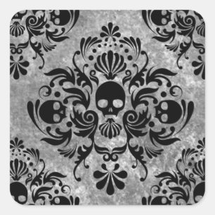 Gothic Black Skull Grunge Damask Patroon Vierkante Sticker