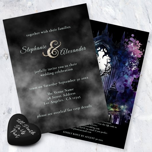 Gothic Black Smoke Cemetery Wedding Kaart
