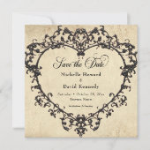 Gothic Black Tan Parchment Filigree Heart Wedding Save The Date (Voorkant)