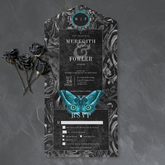 Gothic Black Teal Filigree Moth Dinner Wedding All In One Uitnodiging