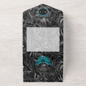 Gothic Black Teal Filigree Moth No Dinner Wedding All In One Uitnodiging (Buitenkant)