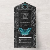 Gothic Black Teal Filigree Moth No Dinner Wedding All In One Uitnodiging (Binnen)