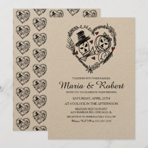 Gothic Black White Skeleton Doodle Wedding Kaart