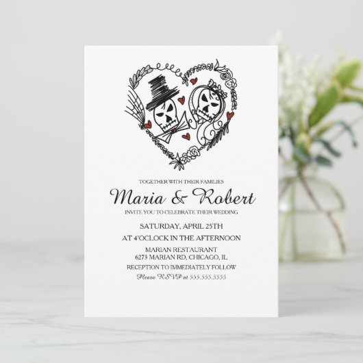 Gothic Black White Skeleton Wedding Invitations Kaart (Staand voorkant)
