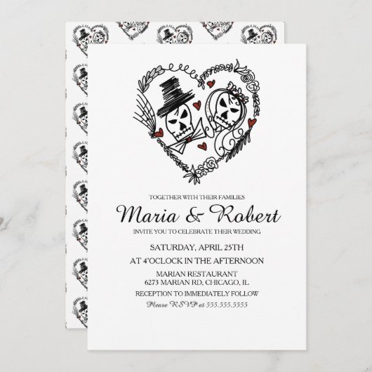 Gothic Black White Skeleton Wedding Invitations Kaart (Voorkant / Achterkant)