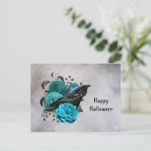 Gothic Blauwgroen Floral Crow Halloween Feestdagenkaart (Staand voorkant)