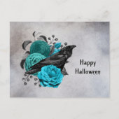 Gothic Blauwgroen Floral Crow Halloween Feestdagenkaart (Voorkant)