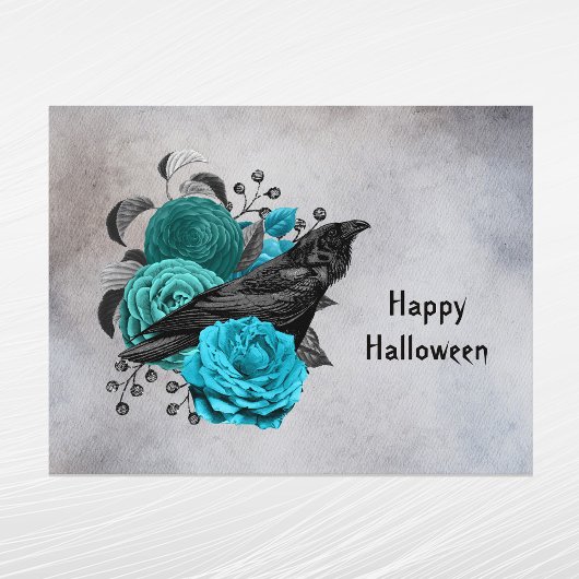 Gothic Blauwgroen Floral Crow Halloween Feestdagenkaart