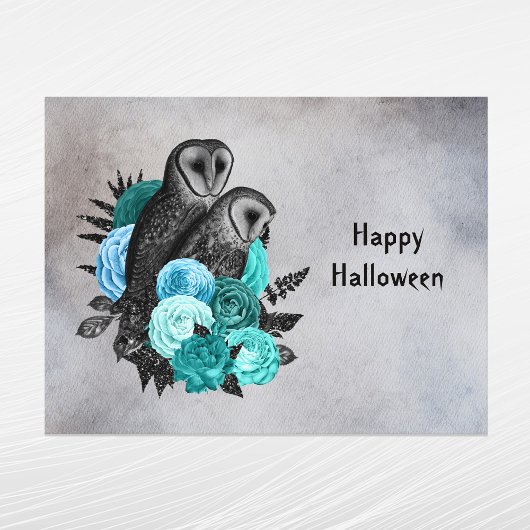 Gothic Blauwgroen Floral Owls Halloween Feestdagenkaart