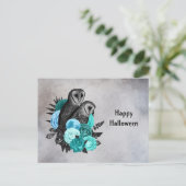Gothic Blauwgroen Floral Owls Halloween Feestdagenkaart (Staand voorkant)