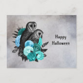 Gothic Blauwgroen Floral Owls Halloween Feestdagenkaart (Voorkant)