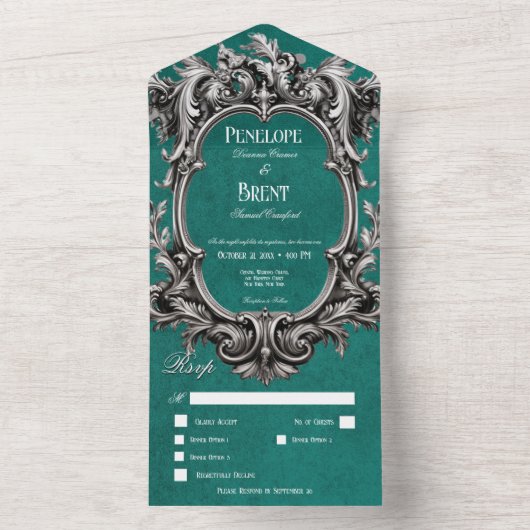 Gothic Blauwgroen Moody Victoriaans Lijst Diner All In One Uitnodiging (Binnen)