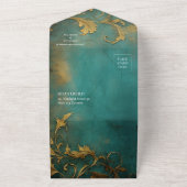 Gothic Bloemen Blauwgroen en Goud All In One Uitnodiging (Buitenkant)