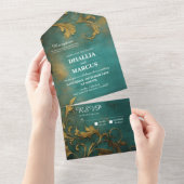 Gothic Bloemen Blauwgroen en Goud All In One Uitnodiging (Afscheurbaar)