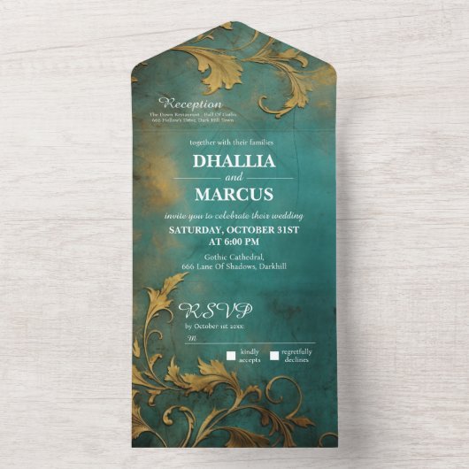 Gothic Bloemen Blauwgroen en Goud All In One Uitnodiging (Binnen)