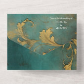 Gothic Bloemen Blauwgroen en Goud All In One Uitnodiging (Achterkant)