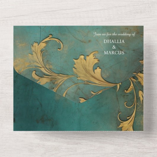 Gothic Bloemen Blauwgroen en Goud All In One Uitnodiging (Achterkant)