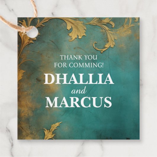Gothic Bloemen Blauwgroen en Goud Bedankjes Labels (Voorkant)