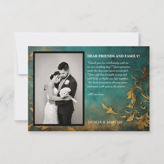 Gothic Bloemen blauwgroen en Goud Bedankkaart (Achterkant)