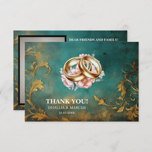 Gothic Bloemen blauwgroen en Goud Bedankkaart (Voorkant / Achterkant)