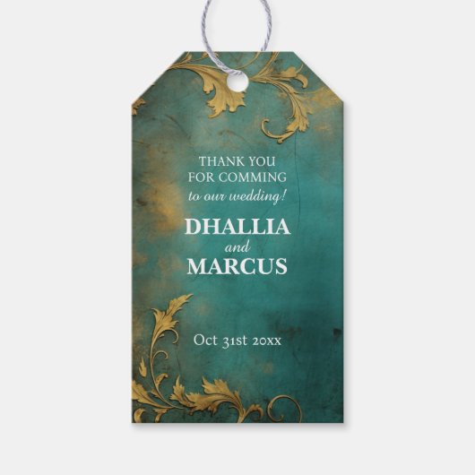 Gothic Bloemen Blauwgroen en Goud Cadeaulabel (Voorkant)