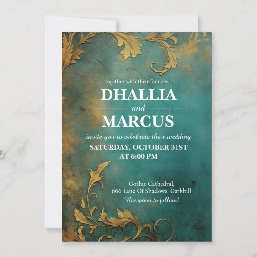 Gothic Bloemen Blauwgroen en Goud Kaart (Voorkant)