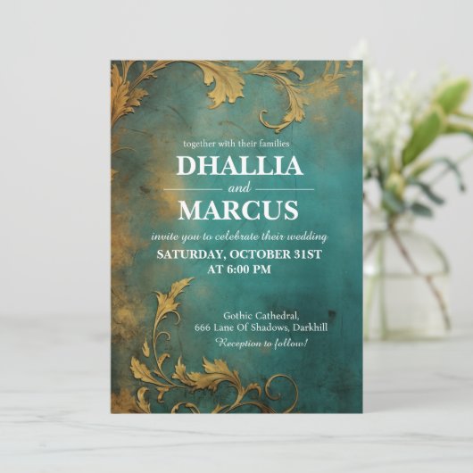 Gothic Bloemen Blauwgroen en Goud Kaart (Staand voorkant)